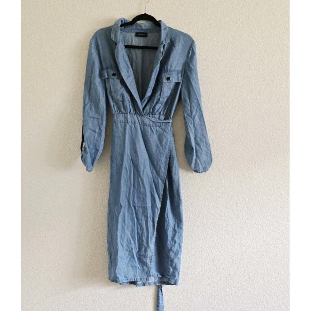 Revolve Majorelle Wrap Chambray Roll Tab Long Sleeve Midi Dress Tencel Size S - Picture 2 of 9